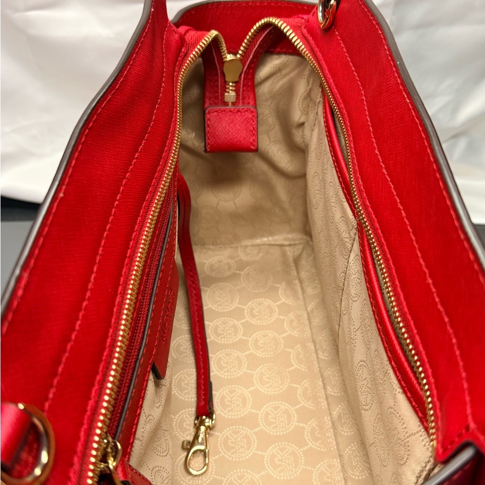 Michael Kors Red Satchel Top Handle Bag & Strap Wallet Set Gold Hardware - Picture 10 of 11